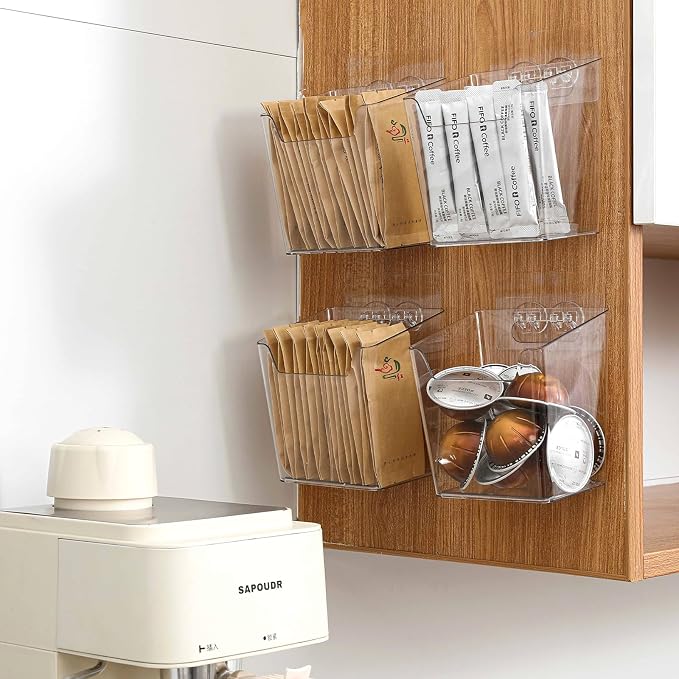 Clear Acrylic Pen Holder, 4 Pack Cabinet Door Organizer Adhesive, Bathroom Wall Mount Caddy Kitchen Plastic Storage Bin Box for Office Marker,Art Supply, Small Cleaning Supply, Seasoning Drink Packet