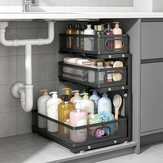 Under Sink Organizer,3-Tier Thickened Metal Pull out Cabinet OrganizerShelf | Height Adjustable Slide out Storage Drawer Rack for under sink organizer bathroom Kitchen,Laundry Room & Pantry