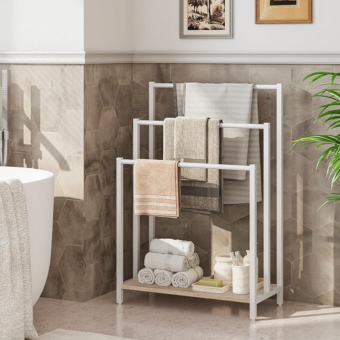 HOOBRO Free Standing Towel Rack, 3 Tier Blanket Rack, Blanket Holder for Bathroom, 16.9" L x 11" W x 31.9" H, Industrial Metal Drying and Display Rack with Shelf, White and Grey WG03LB01