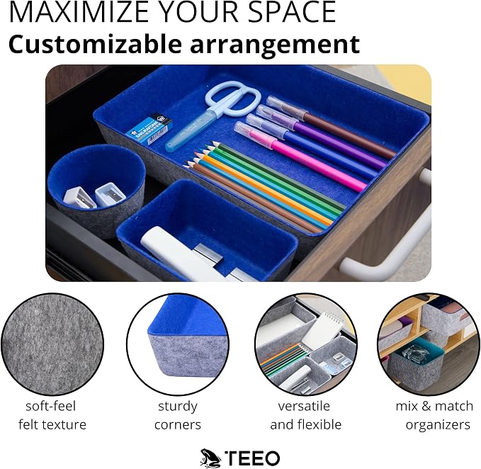 Teeo - Felt Drawer Organizer - Desk Accessories - Office Organization - Kitchen Organizer - Jewelry Tray Makeup Storage Drawer Organizers Home Desk Caddy Cosmetic Bins - Pack of 9, Royal Blue