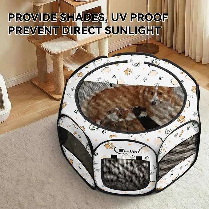 Siedihit Dog Playpen, Medium Dogs Tent Crates Cage Indoor/Outdoor | Portable Pop Up Dog Kennel Playpen with Carrying Case for Dogs/Cats/Rabbits(Cute, Medium)