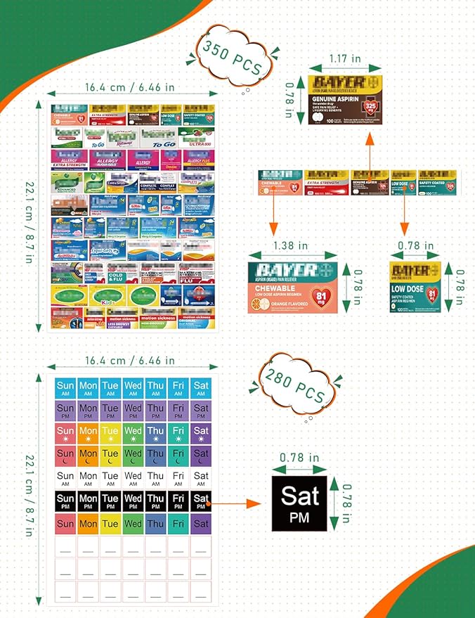 630 Pcs Medicine Labels Stickers for Pill Organizers, 350 DIY Pocket Pharmacy Labels & 280 Medicine Reminder Stickers, Travel Daily Pill Container Brand Label Pill Case Label Stickers