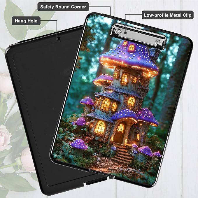 Heavy Duty Storage Clipboard, Slim Nursing Clipboard with Internal Pen Case, Portable File Organizer Case for A4 Letter Size Paper Office Medical Professionals, Purple Mushroom Castle