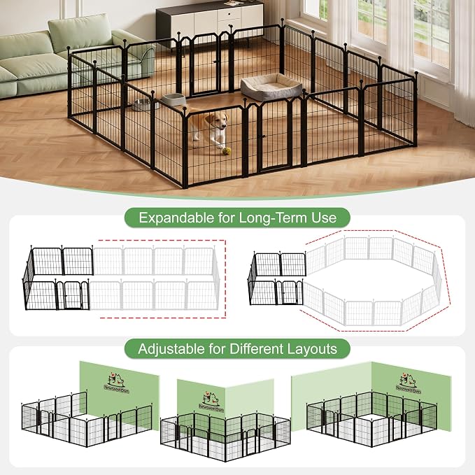 Outdoor Dog Playpen, 24 Inch 16 Panels Pet Fence, Black | 2 Doors for Easy Access, Adjustable and Expandable Design, Pet-Safe Edges and Secure Lock, Rust-Resistant, Yard and Home Use