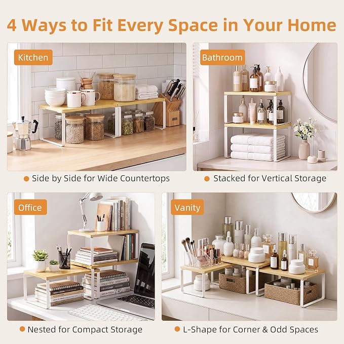 LAMU Cabinet Organizer Shelf, Set of 4 Expandable Kitchen Counter Shelve Plate Organizer for Cabiner, Stackable Spice Rack, CupBoard Organizers and Storage, Wood