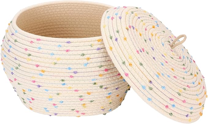 Sea Team Round Woven Cotton Rope Storage Basket with Lid, Rainbow | Decorative Colorful Pompom Knitted Storage Bin, Pot, Caddy, Organizer, Container for Snacks, Towels, Plants, 13 x 9 Inches