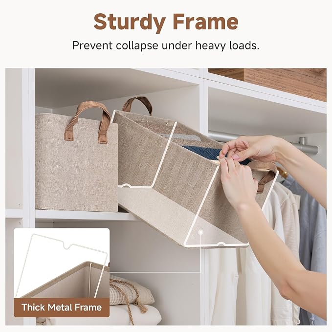 StorageWorks Storage Bins, Storage Baskets, Brown and Beige, 2-Pack | With Reinforced PU Handles, Metal Frame, Collapsible, Storage Basket for Shelves, Closet, Holds Clothes, Towels, Blankets