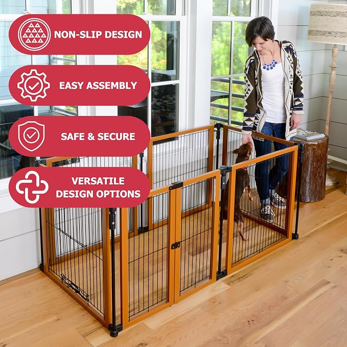 Cardinal Gates Indoor Pet Gate and Puppy Playpen, 6 Panels | Configurable indoor pet containment system with five fixed panels and one two-part latched panel.