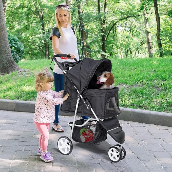 ZENY Pet Stroller for Small/Medium Dogs and Cats Foldable Dog Stroller | 3 Wheels, Pet Strolling Cart, Dog Travel Carrier with Storage Basket, Cup Holder, Black