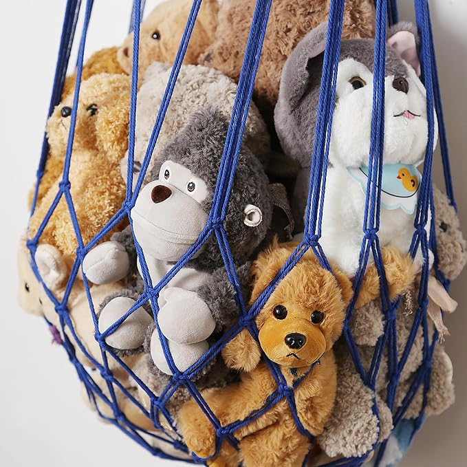 Stuffed Animal Net or Hammock Corner or Wall Hanging Net for Plush Toy Storage Boho Macrame Toy Display Nursery Bedroom Decor Stuffy Animal Toy Organizer (Blue)