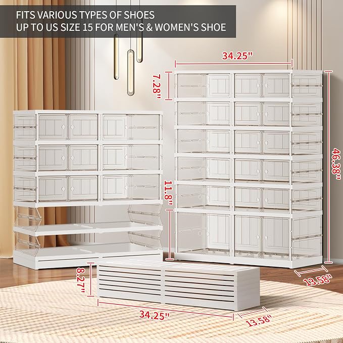 CIMLORD 6-Tier Foldable Shoe Rack, Magnetic Clear Doors, 24 Pairs, White | Collapsible Large Plastic Shoe Cabinet, Stackable, Lidded, Tool-Free Assembly, Fits Boots & Sneakers, Closet & Entryway
