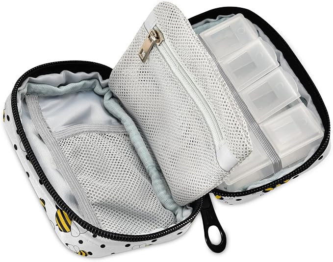 Bees on Polka Dots Pill Box 7 Day Pill Case Travel Pill Organizer Bag with Zipper Portable Weekly Case Compact Size for Vitamin Supplement Holder