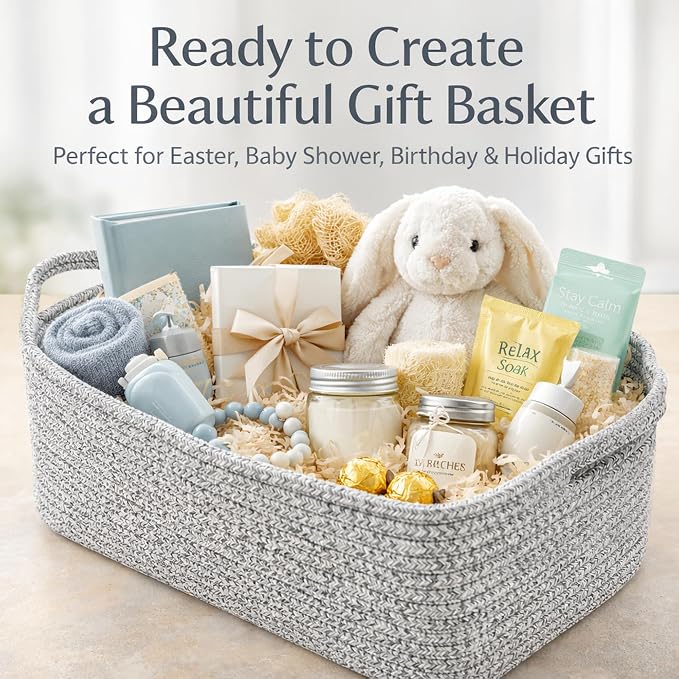 GIFTEXPRESS Gray Woven Basket - 15" x 10" x 5" Cotton Rope Organizing Baskets for Baby Items or Cat & Dog Toys - Cute Soft Gift Storage Bin w/Handles
