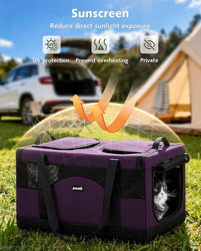 Pecute Cat Carrier, Soft Double Pet Crate for 2 Cats Travel, Purple | Anti-Collapse Steel Frame, Convertible Dual Space, Foldable, Polyester Breathable mesh, Up to 26 lbs, Car Travel & Vet Visits
