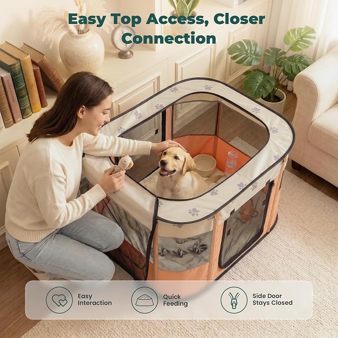 Avont Portable Pet Puppy Dog Playpen, Foldable Cat Playpen, Indoor/Outdoor | Water-Resistant Breathable Shade Cover, Travel Camping Use for Small Animals with Carrying Case, (M/Orange)