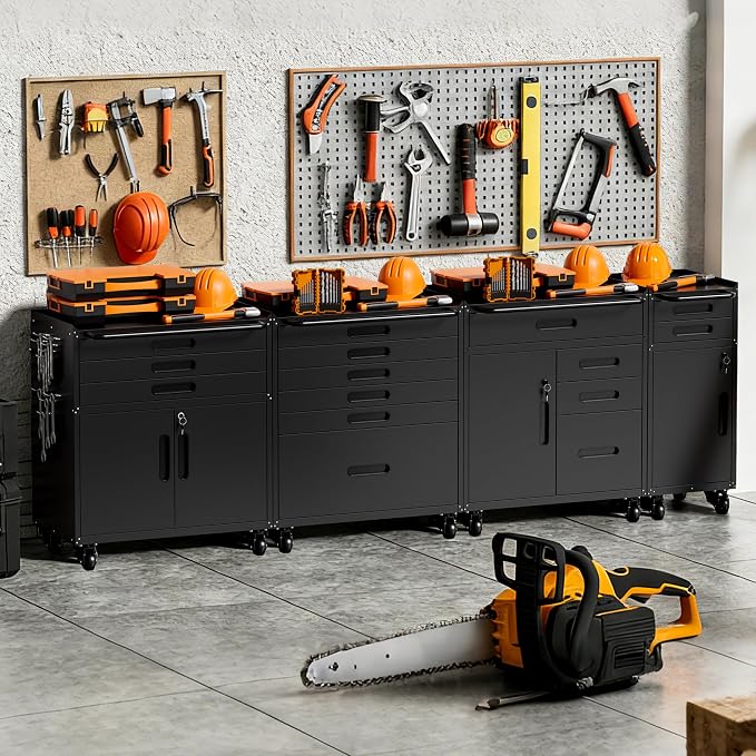 Metal Storage Cabinet for Garage, Tool Cabinet, Utility Cabinet | Wheeled, Rolling Tool Cabinet, 3 Drawers, 2 Doors Lockable, Top Countertop, Pegboard, Assembly Required, Black