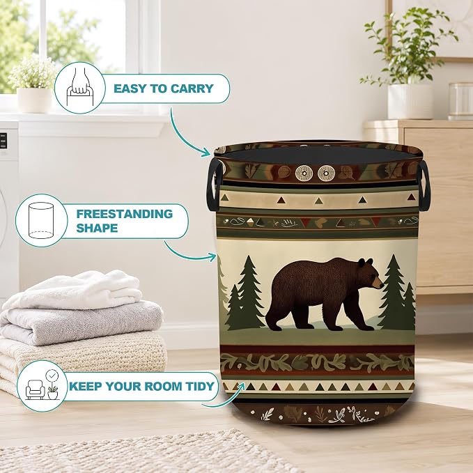 Laundry Hamper,Rustic Bear Forest Collapsible Laundry Basket with Handles,Lodge Cabin Waterproof Oxford Cloth Clothes Organizer for Bedroom Bathroom Dorm Nursery,16 x 20 Inch