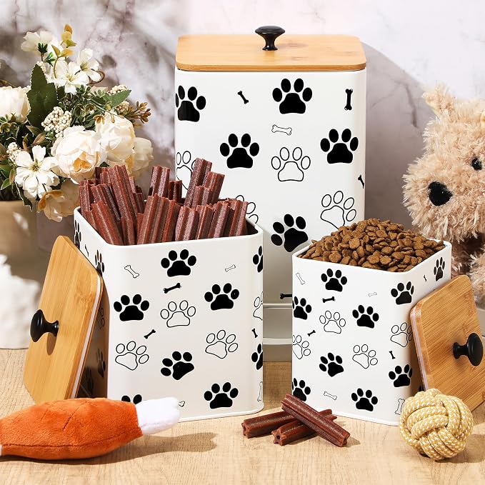 Reallnaive Airtight Dog Treat Container Set of 3 with Bamboo Lids Metal Treat Jars for Countertop Decorative Pet Snack Food Storage Canister Kitchen Biscuit Holder(White)