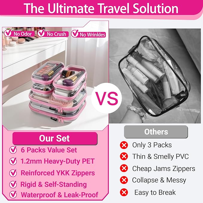 YQBRAO Clear Hard Shell Zipper Cases, 6 Travel Organizers, 2M 4S, Pink | Rigid clear shells in two practical sizes separate toiletries, skincare, cosmetics, chargers and frequently used accessories
