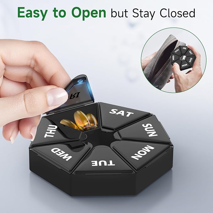Weekly Pill Organizer, 2 Pack Portable Travel Pill Box, 7 Day Pill Case | Easy Open, BPA-Free, Arthritis Friendly Medicine Pill Container, Medicine Case for Vitamins,Supplements Medications, Black