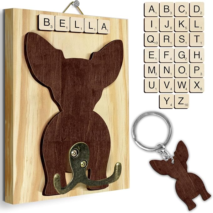 Chihuahua Dog Leash Holder Wall Mount with Scrabble Letters, Wooden Dog Wall Hook Organizer, Pet Collar and Harness Holder for Entryway, Key Hook and Leash Rack, Pet Lovers Gift Home Decor PF297-25