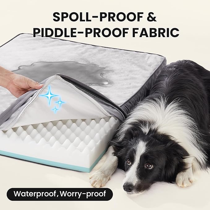 OhGeni Orthopedic Waterproof Med Large Dog Bed, Memory Foam, 35 inch(Gray) | Machine-Washable Removable Cover in Easy-Clean Fabric, Reversible Memory Foam & Easy-Carry Handle, Suitable for Crate