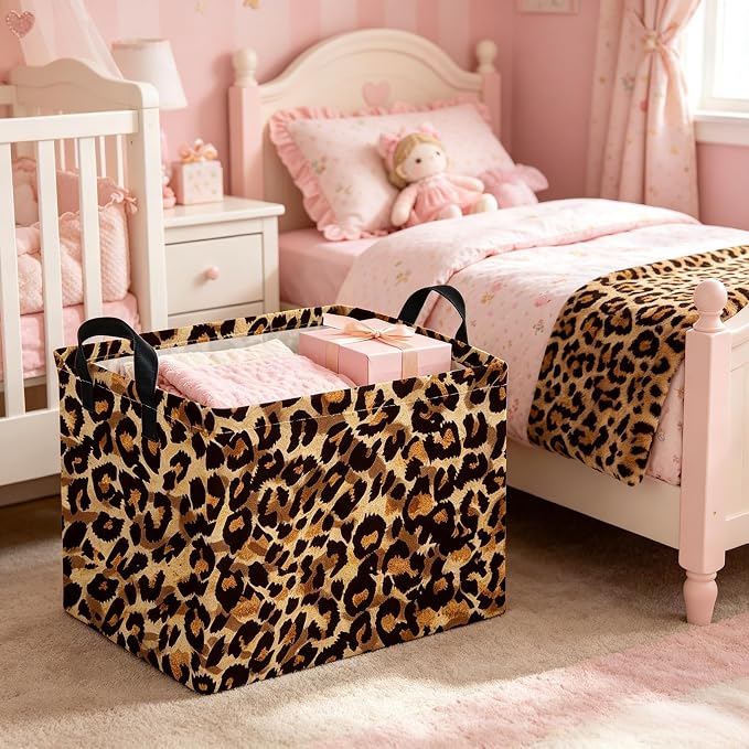 Rectangular leopard print baskets,Kids Storage Bins,Collapsible Canvas Waterproof Storage Bin for Girls,Cute Organizer Box,Book baskets,baby room Decor(Leopard Print)