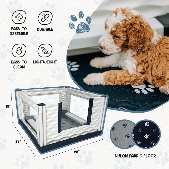 EZclassic Windowed 28x28x18 in Whelping Box with Rails, Gray Pad | Compact 28x28 windowed whelping box with puppy rails, clear viewing walls, waterproof gray pad, and portable tool-free setup