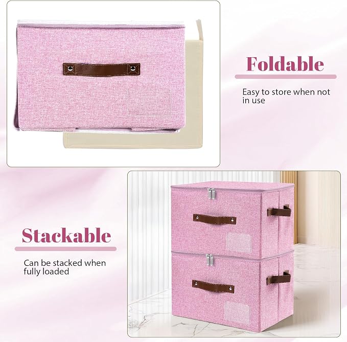 ANMINY Small Storage Box Fabric Bins with Zipper Lid, 10"x8"x7" Pink 3PCS | Keepsake Box, Decorative, Cotton Linen, Reinforced PP Board Frame, Washable, Stackable & Foldable, Label Holder & PU Handles