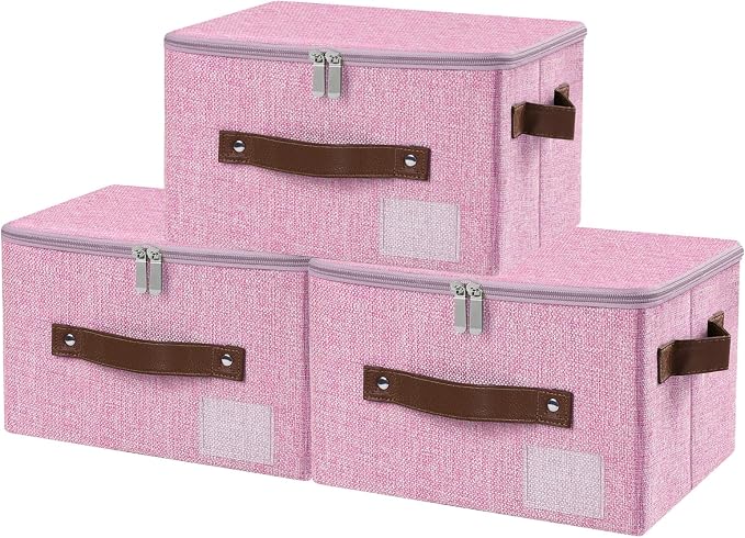 ANMINY Small Storage Box Fabric Bins with Zipper Lid, 10"x8"x7" Pink 3PCS | Keepsake Box, Decorative, Cotton Linen, Reinforced PP Board Frame, Washable, Stackable & Foldable, Label Holder & PU Handles