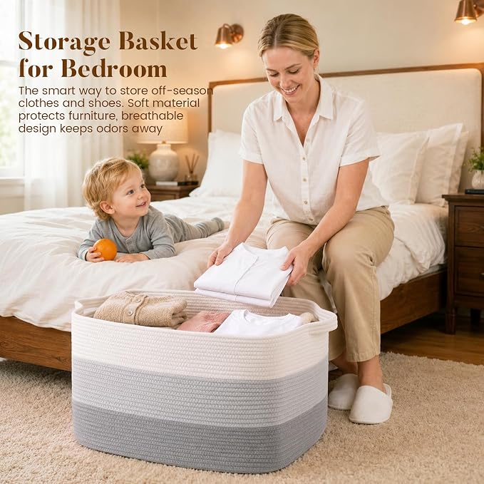 65L Large Woven Blanket Basket for Living Room, 19.7"x15.7"x11.8" | Nursery Laundry Hamper with Handle for Organizing Blankets, Pillows, Toy Storage With Handle, Large Baskets for Organizing