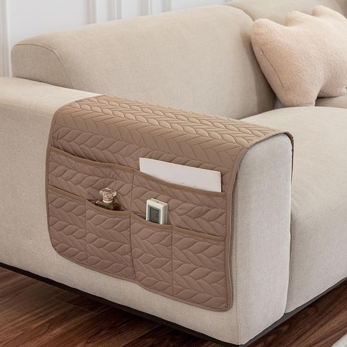 Arm Rest Covers for Sofa with 6 Pockets for Magazine Remote Control Couch Arm Covers Decorate Furniture Ant-Slip Armrest Organizer(Khaki A)