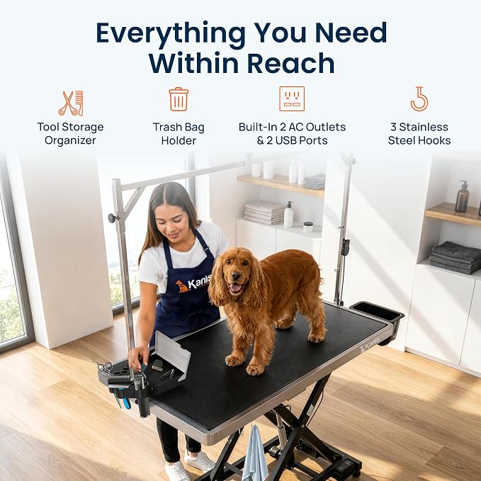 Professional Electric Dog Grooming Table - Heavy Duty | Height Adjustable Pet Grooming Table w/Leveling Wheels, Dog Grooming Arm, Anti-Slip Tabletop & Tool Organizer (Black, 49")