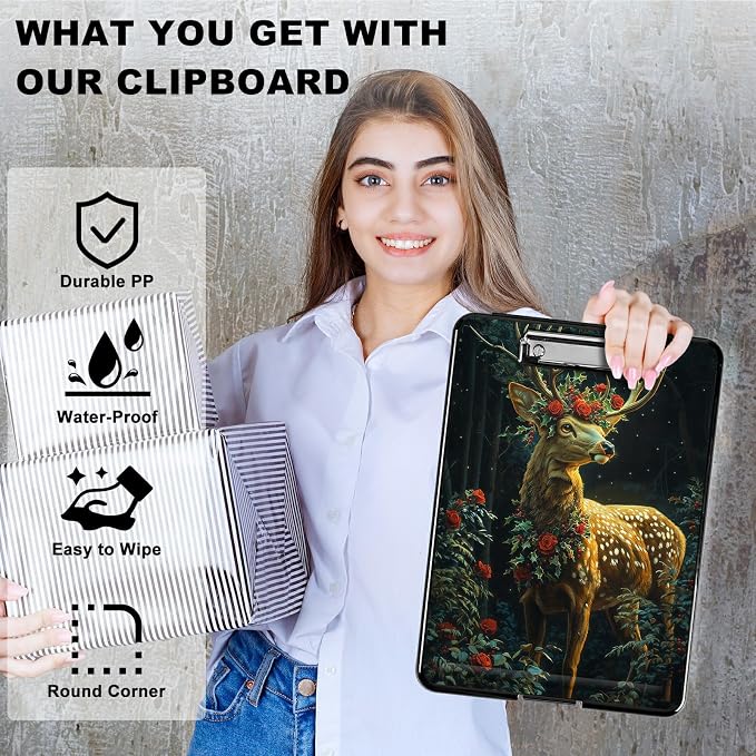 Heavy Duty Storage Clipboard, Slim Nursing Clipboard with Internal Pen Case, Portable File Organizer Case for A4 Letter Size Paper Office Medical Professionals, Rose Forest Deer