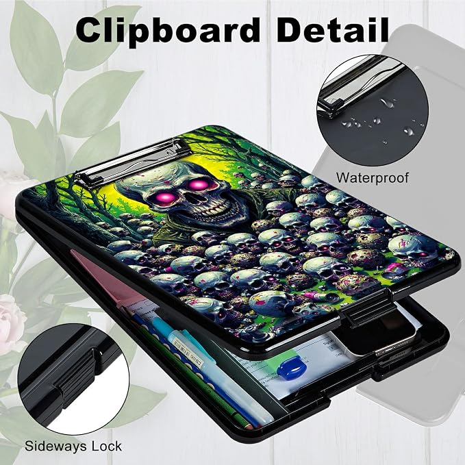 Heavy Duty Storage Clipboard, Slim Nursing Clipboard with Internal Pen Case, Portable File Organizer Case for A4 Letter Size Paper Office Medical Professionals, Forest Skull