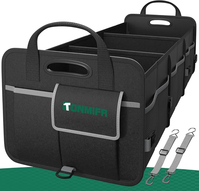 Heavy-Duty Trunk Organizer & Multi-Compartment Storage Box for SUV/Sedan/Minivan,600D Waterproof Oxford,2 Securing Hooks & Reflective Strips-Large Capacity Organiser(92L)