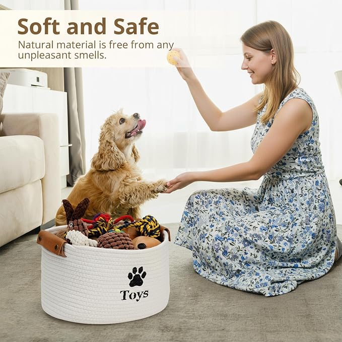 Dog Toy Basket Large, Quality Cotton Rope Dog Toy Bin (18x13x10’’) | Cute Paw Print Large Basket for Dog Toys, Portable Toy Storage Organizer with Handles for Pet Supplies, Toys & Accessories