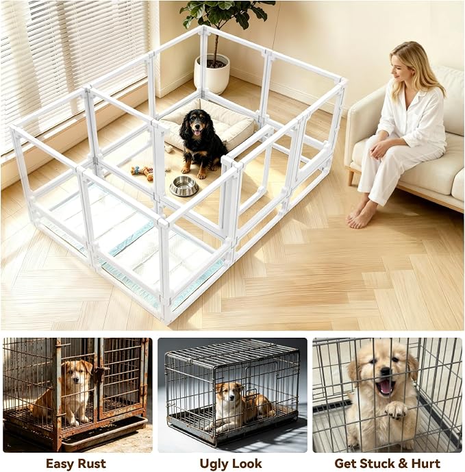 FlexiSpace Adjustable Clear Dog Play Pen, Expandable & Stackable Acrylic Dog Playpen, ONLY Dog Play Pen Indoors Grow with Your Pet Puppy Playpen (White, 34", 12 Panels)