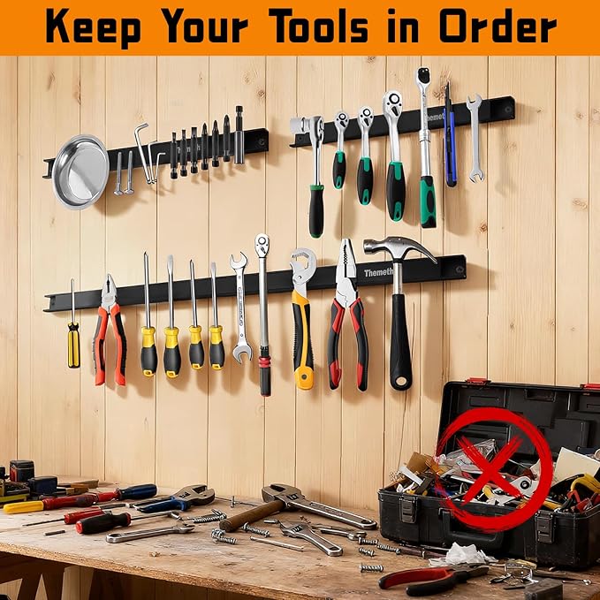 12" Magnetic Tool Holder Strip, 4 Pieces Black Metal Tool Organizer Rack with Stainless Steel Surface, Magnet Bar for Garage Workshop, Easy To Install with Mounting Screws