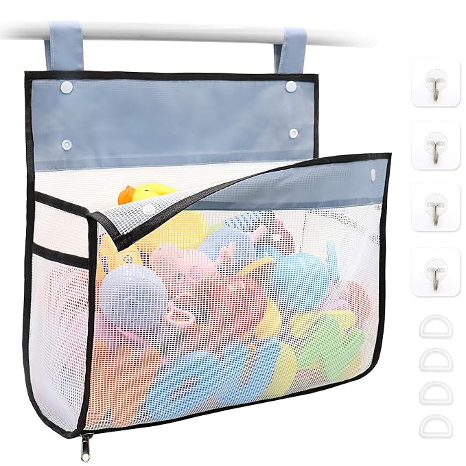 Muchufn Bath Toy Organizer Multiple Ways to Hang | Extra Large Opening Bathroom Toy Holder, Bottom Zipper Bathtub Toy Storage Bag (Black)