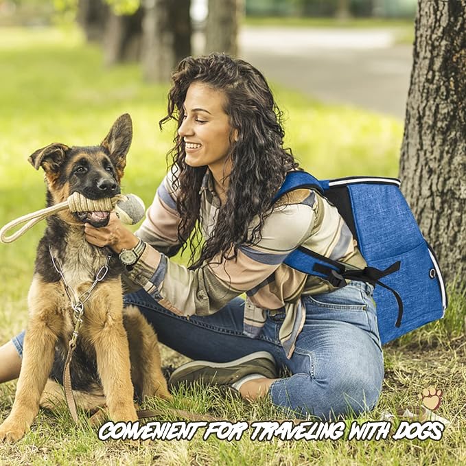 BAGLHER丨Dog Travel Bag Backpack, Airline Approved Pet Supplies Backpack, Dog Travel Bag with 2 Silicone Collapsible Bowls and 2 Food Baskets Blue