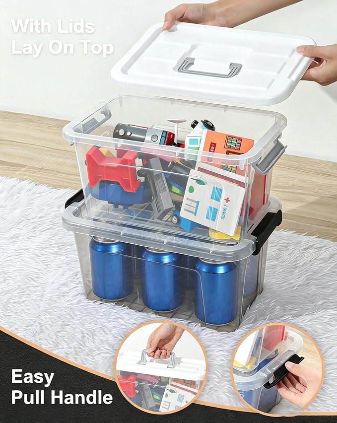 AREYZIN Plastic Storage Bins With Lids,6 Pack Storage Organizer Bins,7 Quart Stackable Storage container with Lid and Gray Handle Buckle Easy for Home Office Organization, with White Lids