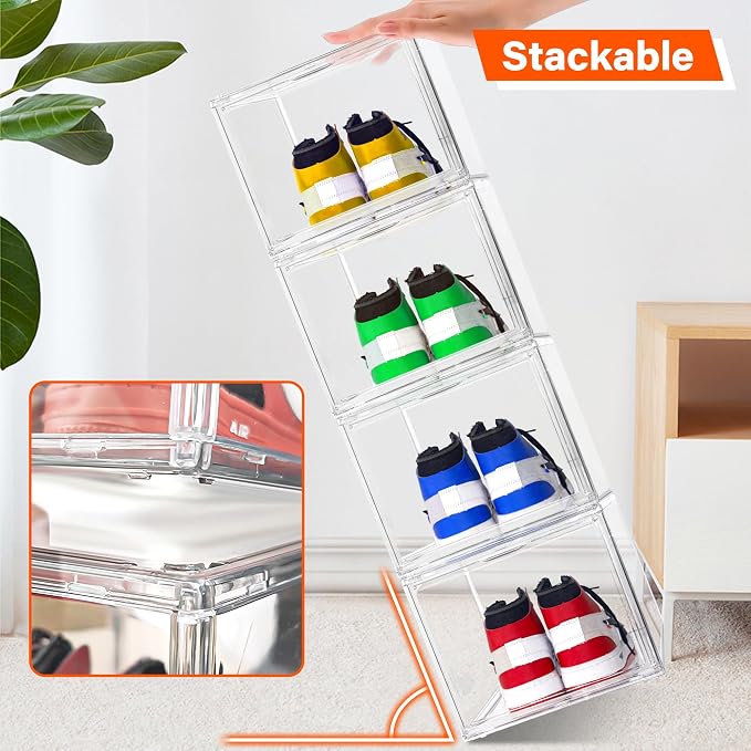 12 Pack Clear Acrylic Sneaker Boxes Fits Size 13, Drop Front Magnetic Door | Deep Narrow-front Boxes for Sneakers, Athletic Shoes, High-top Styles Shoes. Space Saving Storage.10.6 x 14.2 x 9.1 in