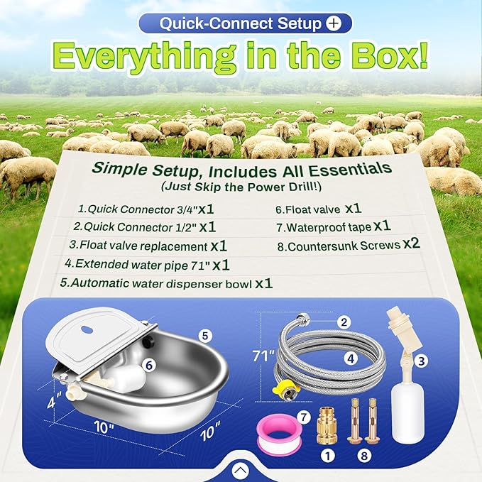 Automatic Animal Drinking Water Bowl with Float Valve, Extended Pipe & Drain Hole, Stainless Steel Waterer Feeder Farm Dog Dispenser Kit Self Filling for Livestock Horse Goat Water Trough