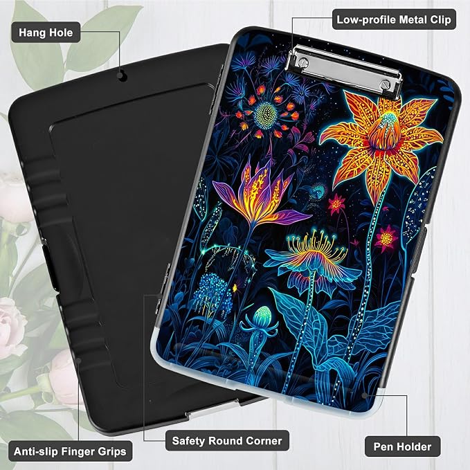 Artistic Orange Blossom A4 Clipboard with Storage Pen Holder, Clipboards Organizer Nursing Clipboard Foldable File Folder Plastic Clipboard Folio Clip Board for Office Students Classroom