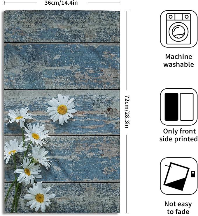 Giwawa Rustic Daisy Wood Grain Hand Towel,15x30 Set of 2,Country Retro Flower on Light Blue Wooden Board Hair Face Towel Farmhouse Wildflower Floral Cabin Planks Towel for Bathroom Girl Woman Guest
