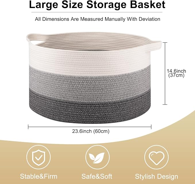 OIAHOMY 105L Extra Large Blanket Basket - Decorative Cotton Rope Storage Basket for Bedroom, Living Room & Nursery - Woven Laundry Hamper for Organizing Blankets, Clothes & Toys - Gradient Grey