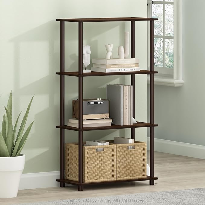 Furinno Turn-N-Tube Storage Shelves, 4-Tier Toolless Book Shelf, Corner Shelf, Open Shelves, for Organization and Storage, Living Room, Garage, Home Office, Walnut