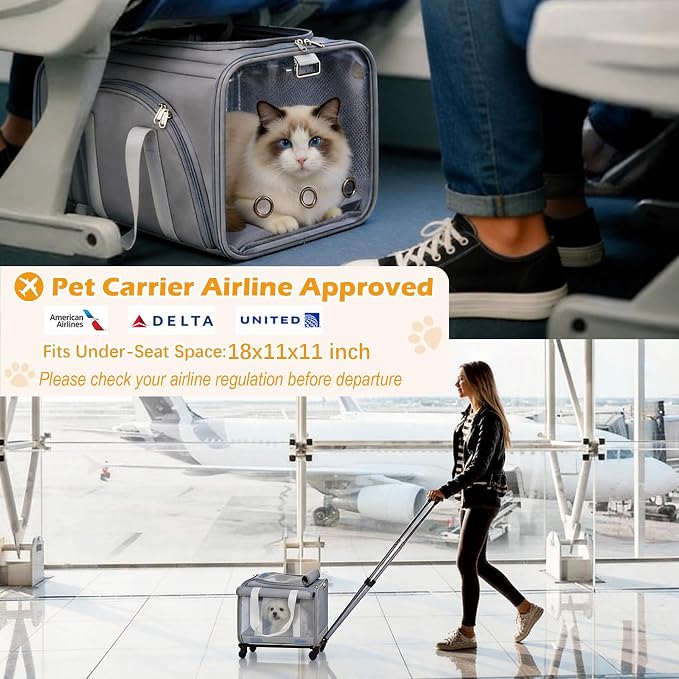 Soft Cat Carrier with Detachable Wheels Expandable - Dog Carrier Foldable Pet Carrier for Cats and Dogs for Travel Outdoor Camping Indoor
