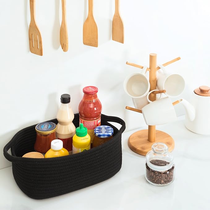 5-Piece Storage Baskets for Organizing, Small Woven Rope Baskets for Storage and Shelves, Dog Cat Toy Basket Box, Pantry Bathroom Organization Bins, Nightstand Organizer, Full Black